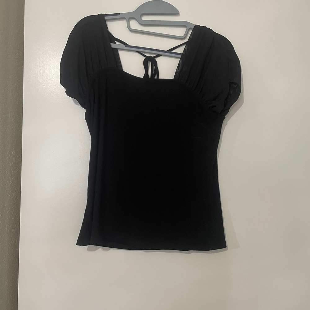 Buckle Black Square Neck Short Sleeve Tie-Back Top